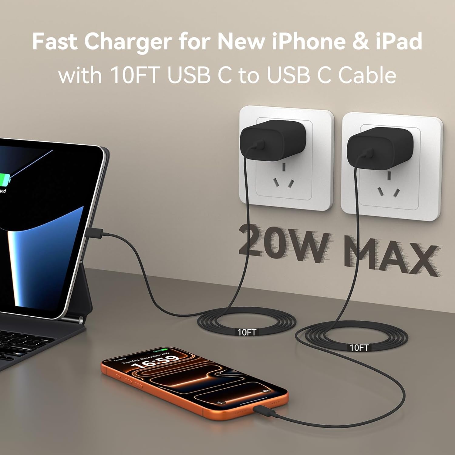 Phone 17 16 15 Charger Fast Charging, 10 FT Long USB C Charger Cord with 20W Type C Fast Phone Charging Block Forphone 17/17 Pro/17 Pro Max/Air/Phone 16 15 Pro Max Plus, Ipad, Android,Black
